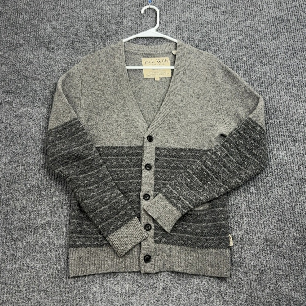Jack Wills Cardigan Mens M Grey Extrafine Merino Wool Colorblock Preppy Classic